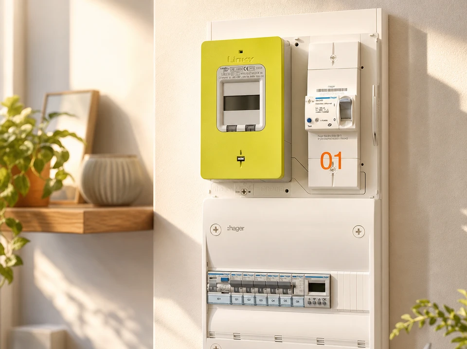 Électricien professionnel en chemise à carreaux travaillant sur installation électrique résidentielle, manipulant fils et connexions dans boîtier mural blanc